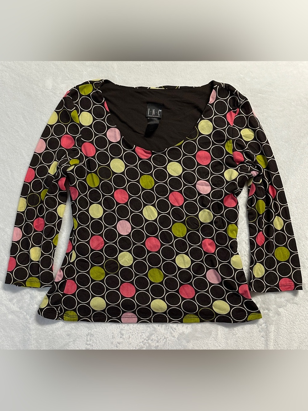 Y2K INC women's brown pink green polka dot mesh lined 1/2 sleeve top, L.